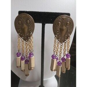 Vintage-Style Antiqued Brass Owl Face Chain Fringe Earrings
